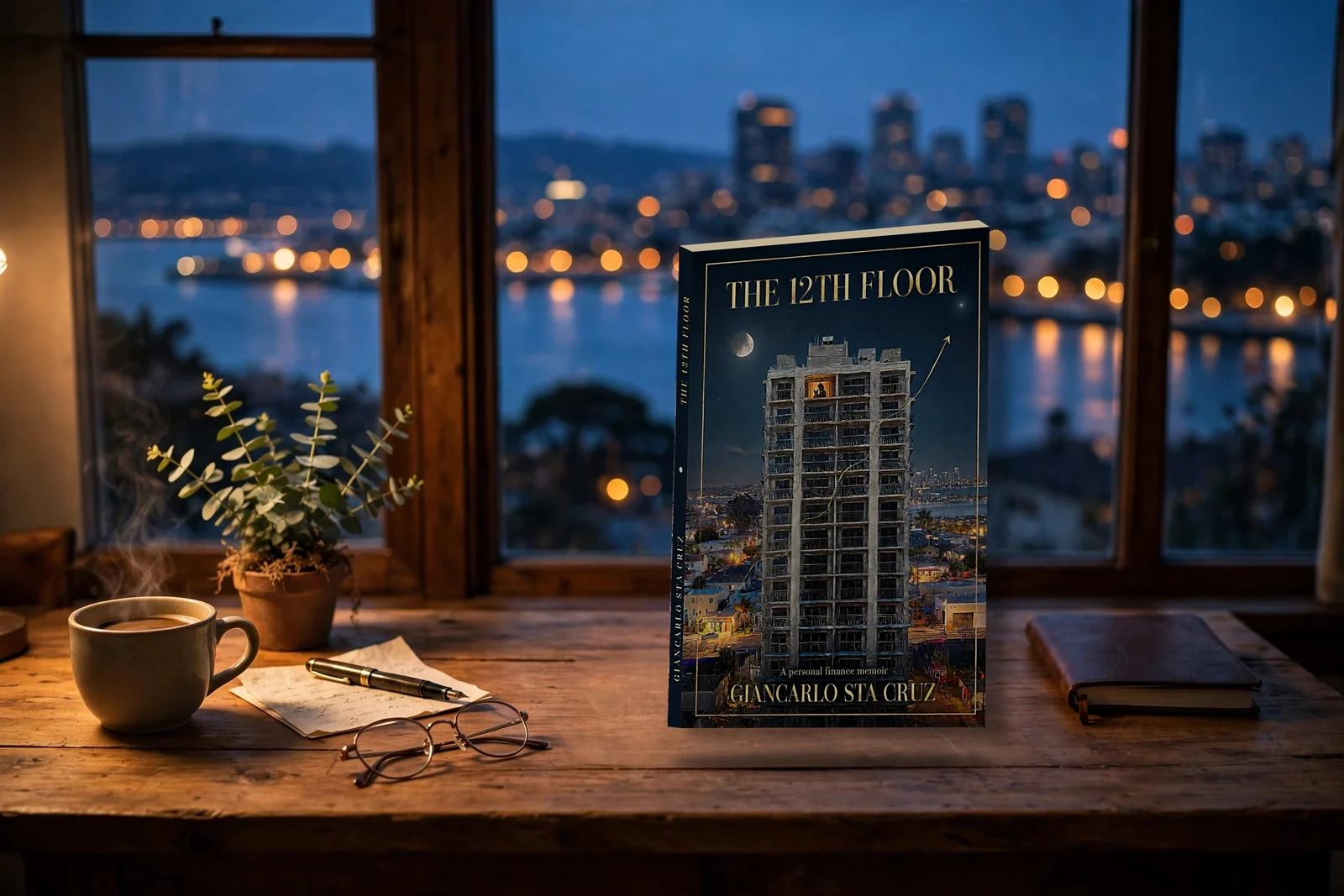 The 12th Floor — the paperback on a desk by a bay window at dusk